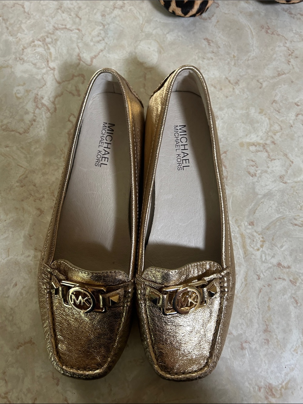 MICHAEL Michael Kors Metallic Gold Leather Loafers with MK Hardware